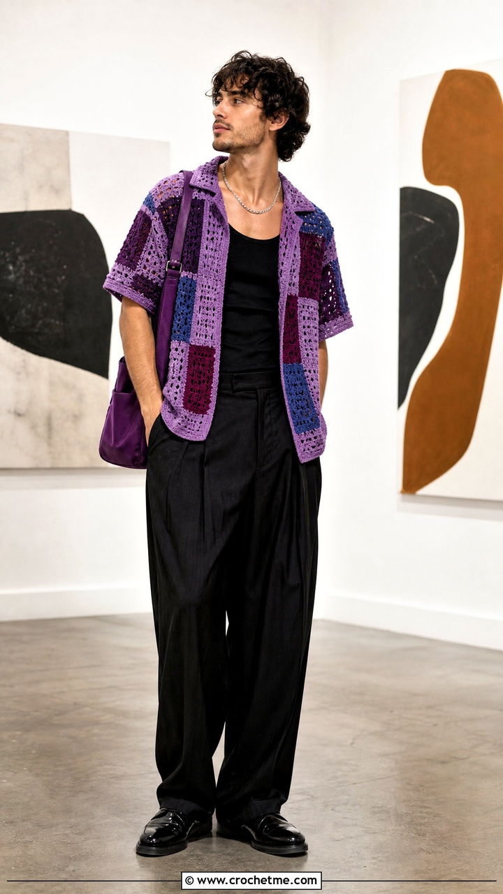 Patchwork Crochet Shirt With Pleated Black Trousers - 35 crochet top men outfit ideas