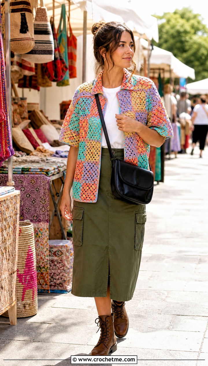 Patchwork Crochet Shirt With Utility Skirt - 30 crochet unisex shirt outfit ideas
