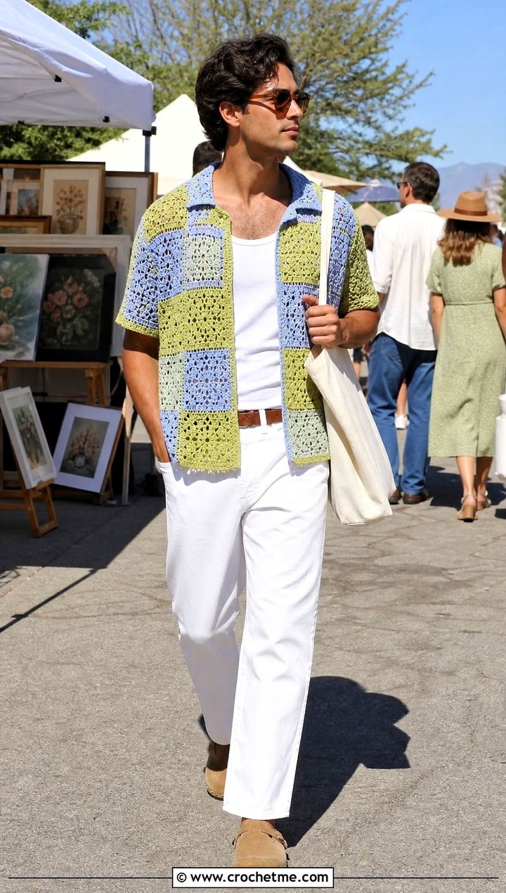Patchwork Crochet Shirt With White Jeans - 35 crochet man shirt outfit ideas