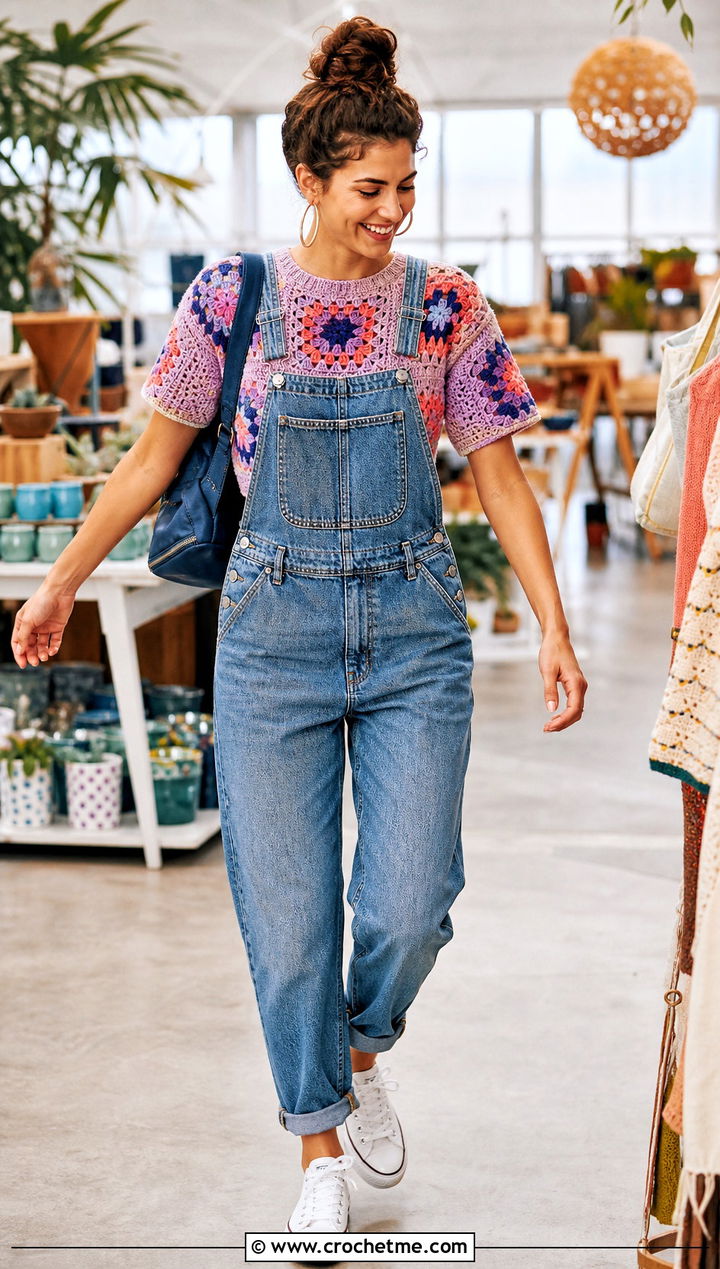 Patchwork Crochet Short Sleeve Sweater With Denim Overalls - 25 Crochet Short Sleeve Sweater outfit ideas