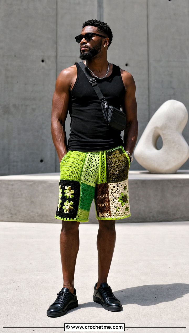 Patchwork Crochet Shorts With Black Tank Top - 15 crochet shorts men outfit ideas