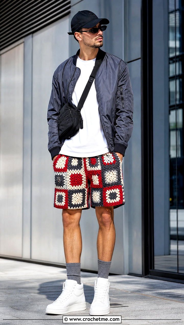 Patchwork Crochet Shorts With Bomber Jacket - 15 Crochet Mens Shorts For Men outfit ideas