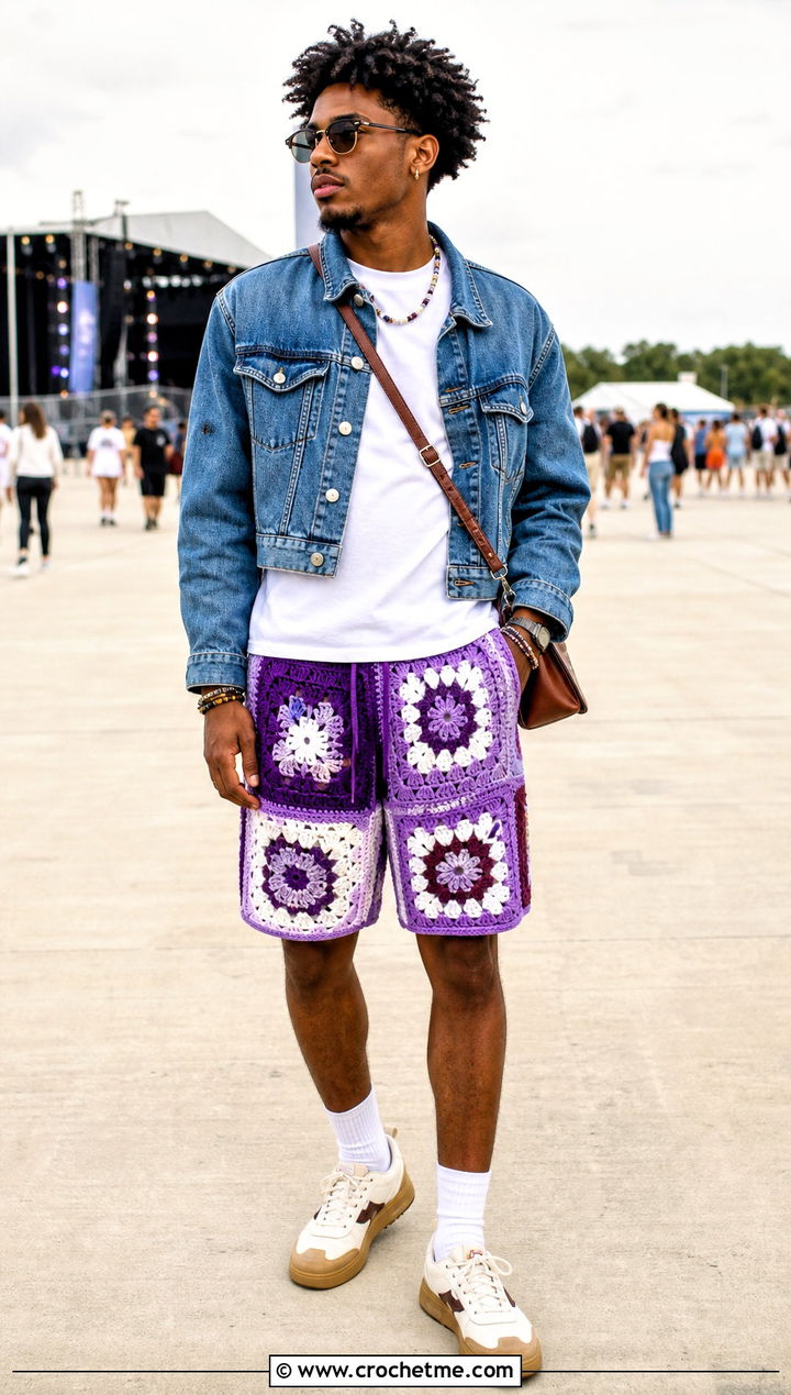 Patchwork Crochet Shorts With Denim Jacket - 25 Crochet Shorts Mens outfit ideas