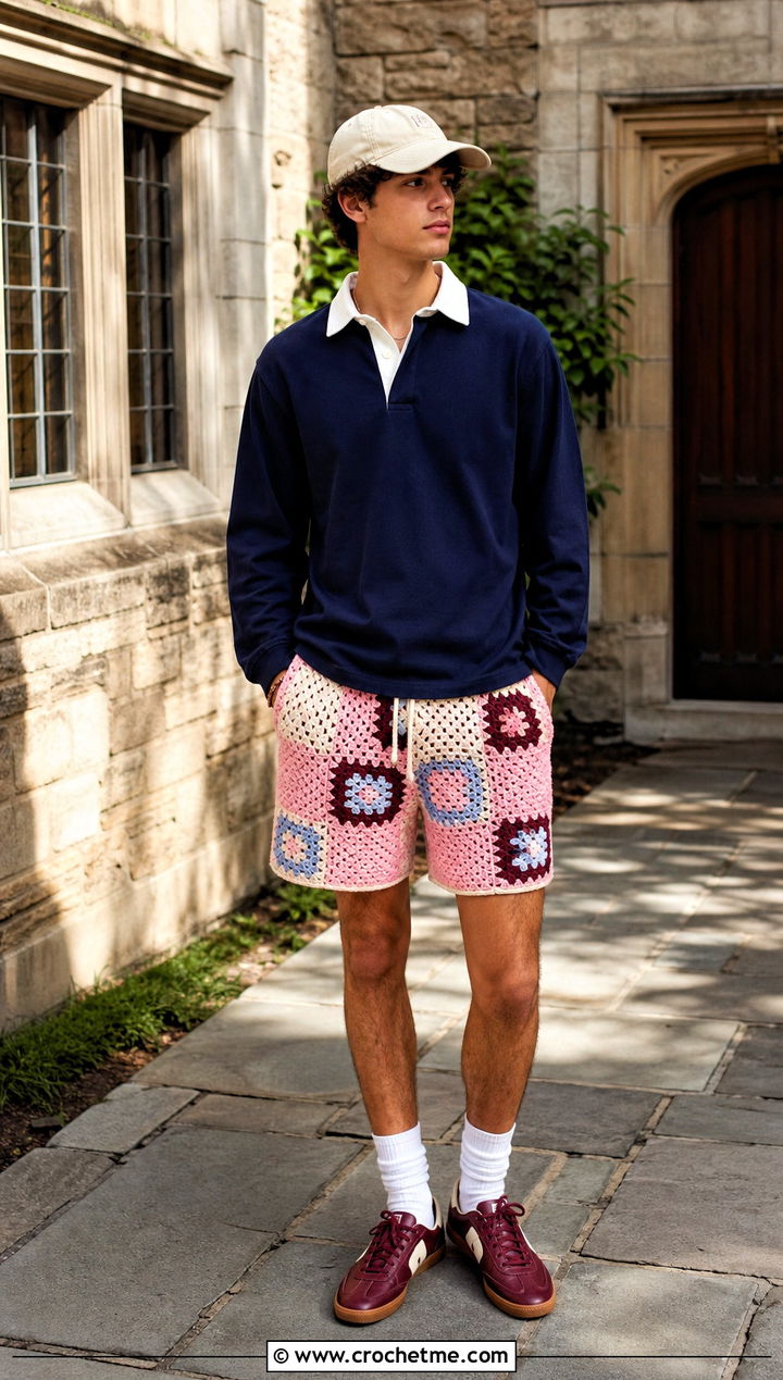 Patchwork Crochet Shorts With Rugby Shirt - 15 mens crochet shorts outfit ideas