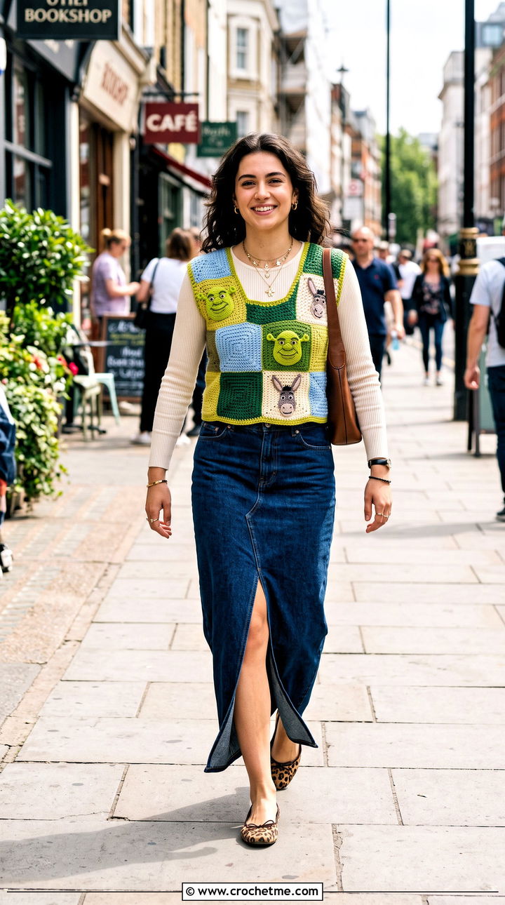 Patchwork Crochet Shrek Vest With a Denim Maxi Skirt - 15 Crochet Shrek Vest outfit ideas