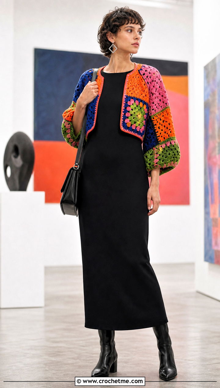 Patchwork Crochet Shrug With Black Column Dress - 25 Crochet Shrug Sleeves outfit ideas