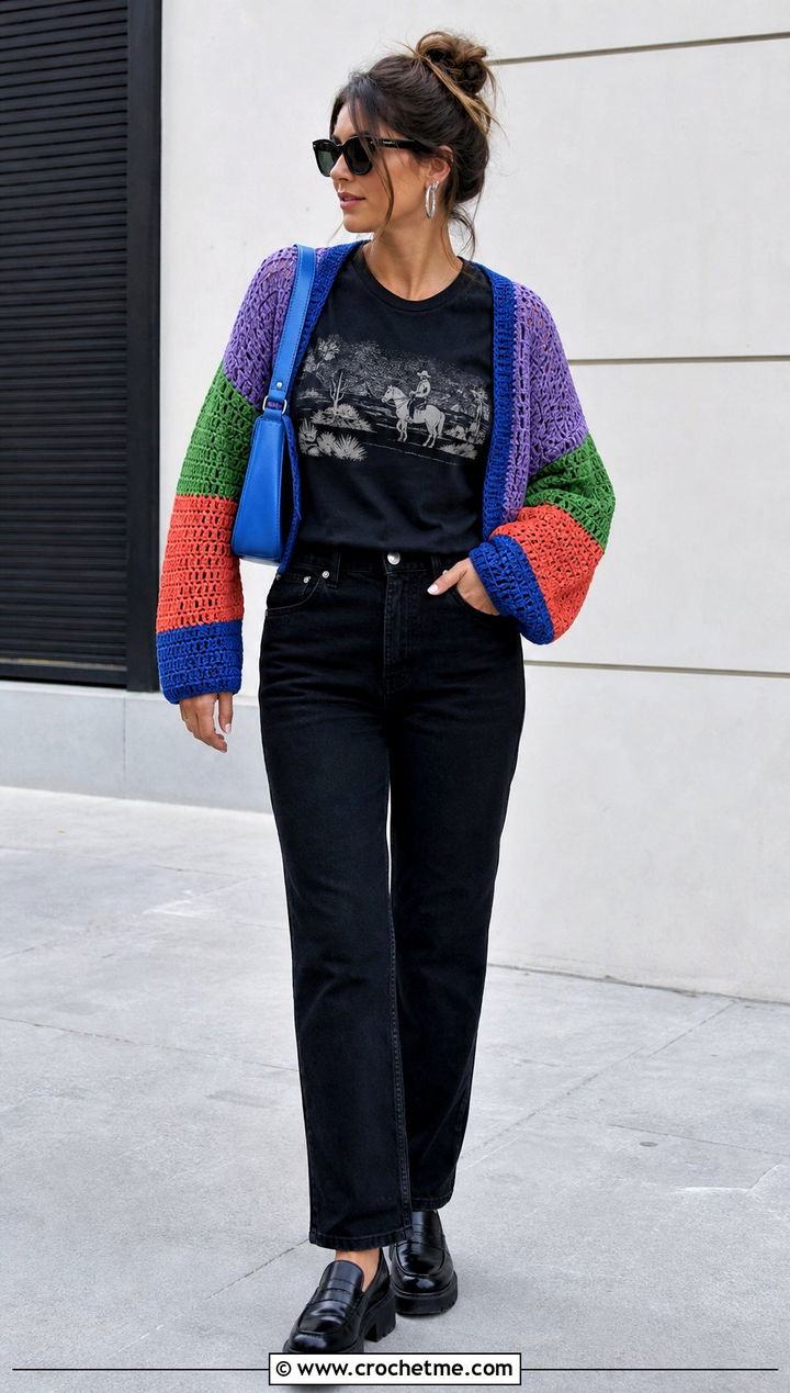 Patchwork Crochet Shrug With Black Denim - 25 cute crochet shrug outfit ideas