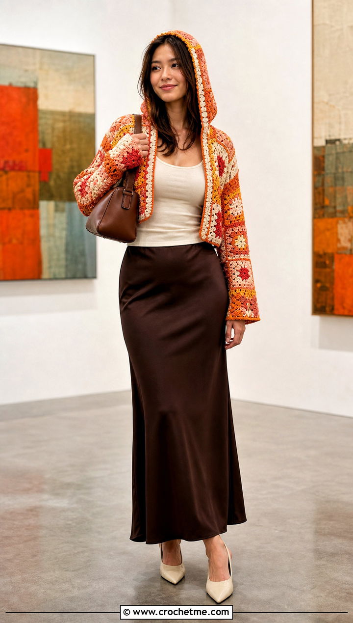 Patchwork Crochet Shrug With Hood And Satin Skirt - 25 crochet shrug with hood outfit ideas