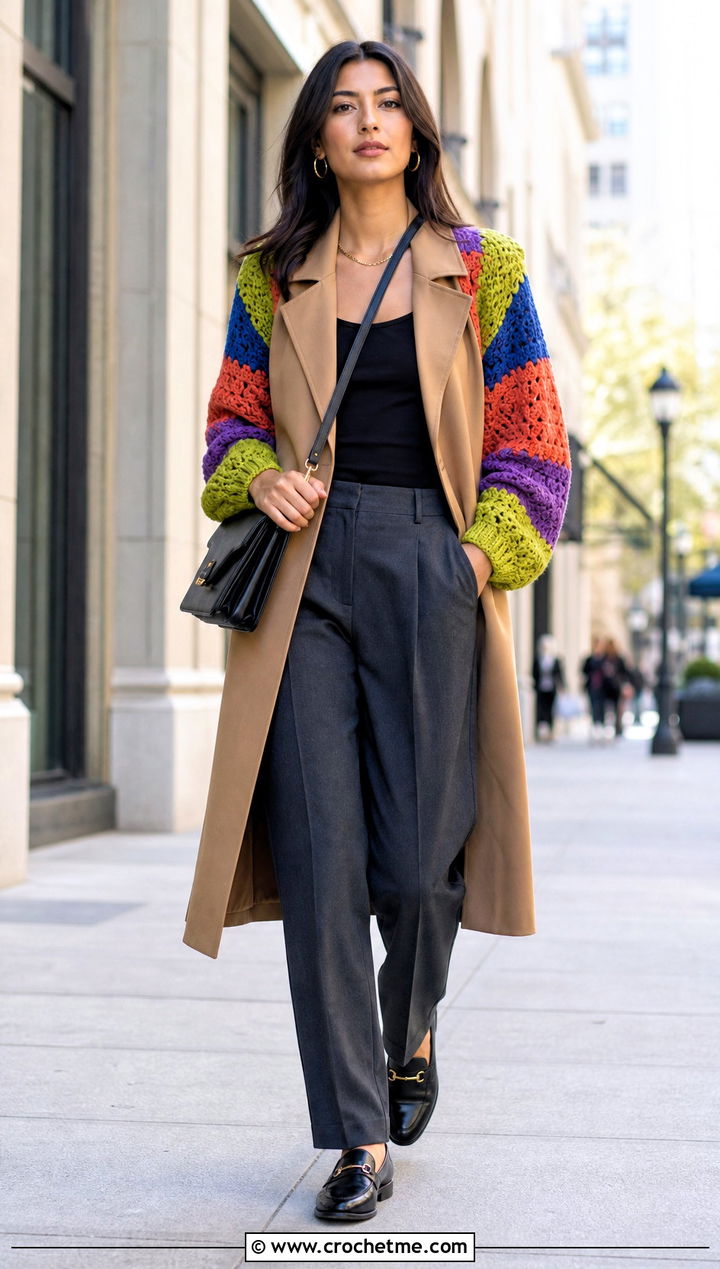Patchwork Crochet Shrug With Sleeveless Trench - 30 crochet sweater sleeves outfit ideas