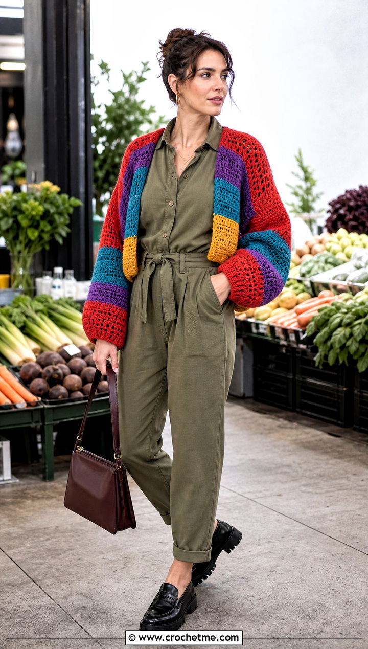 Patchwork Crochet Shrug With Utility Jumpsuit - 30 crochet shrug for women outfit ideas