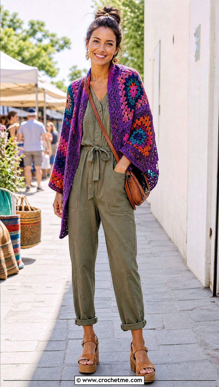 Patchwork Crochet Shrug Wrap With Utility Jumpsuit - 25 crochet shrug wrap outfit ideas