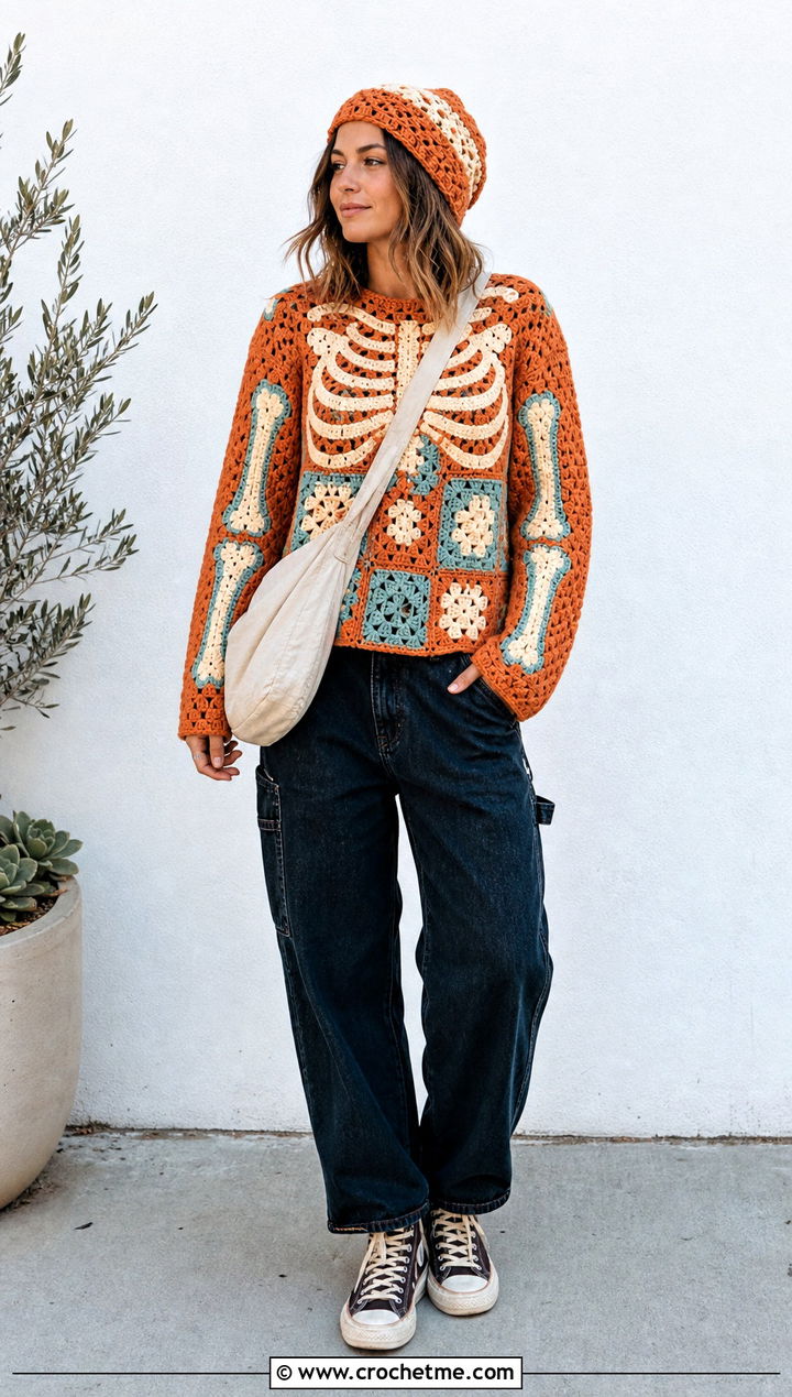 Patchwork Crochet Skeleton Sweater With Carpenter Jeans - 30 Crochet Skeleton Sweater outfit ideas