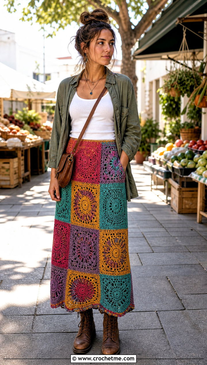 Patchwork Crochet Skirt With Utility Jacket - 35 easy crochet skirt outfit ideas