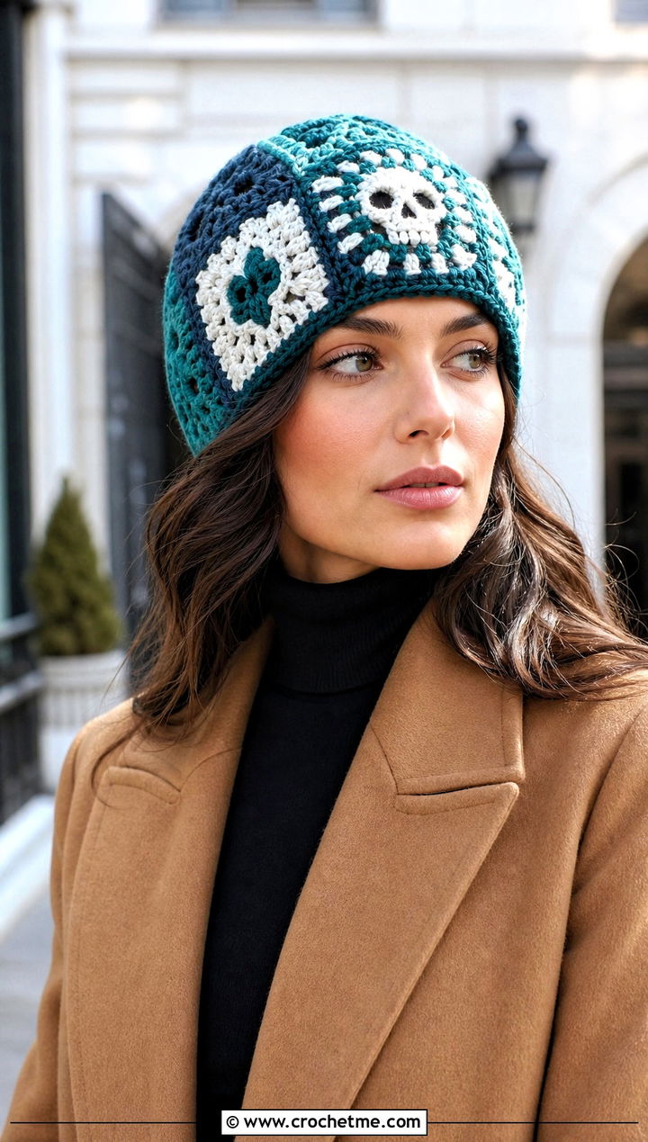 Patchwork Crochet Skull Beanie With Long Wool Coat - 30 crochet skull beanie outfit ideas