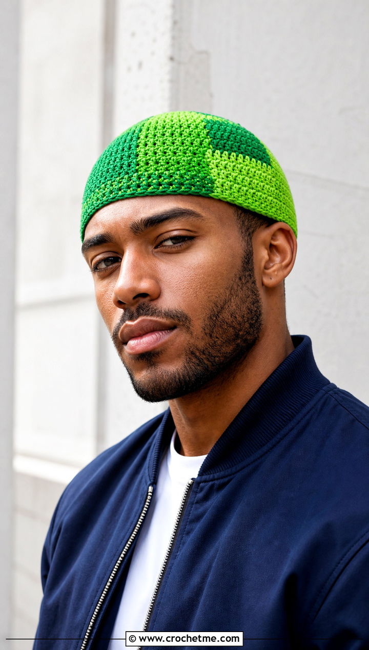 Patchwork Crochet Skull Cap With Bomber Jacket And Wide Leg Jeans - 25 Mens Crochet Skull Cap outfit ideas