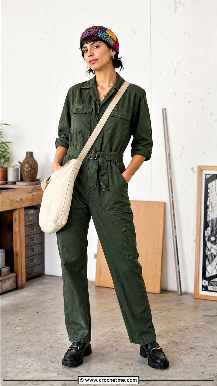 Patchwork Crochet Skull Cap With Utility Jumpsuit - 35 crochet skull cap outfit ideas