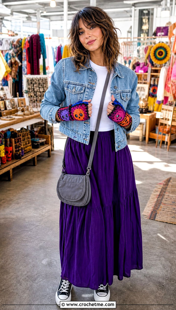Patchwork Crochet Skull Fingerless Gloves With Maxi Skirt - 15 Crochet Skull Gloves outfit ideas
