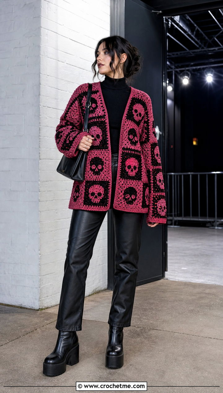 Patchwork Crochet Skull Granny Square Cardigan With Faux Leather Pants - 25 crochet skull granny square cardigan outfit ideas