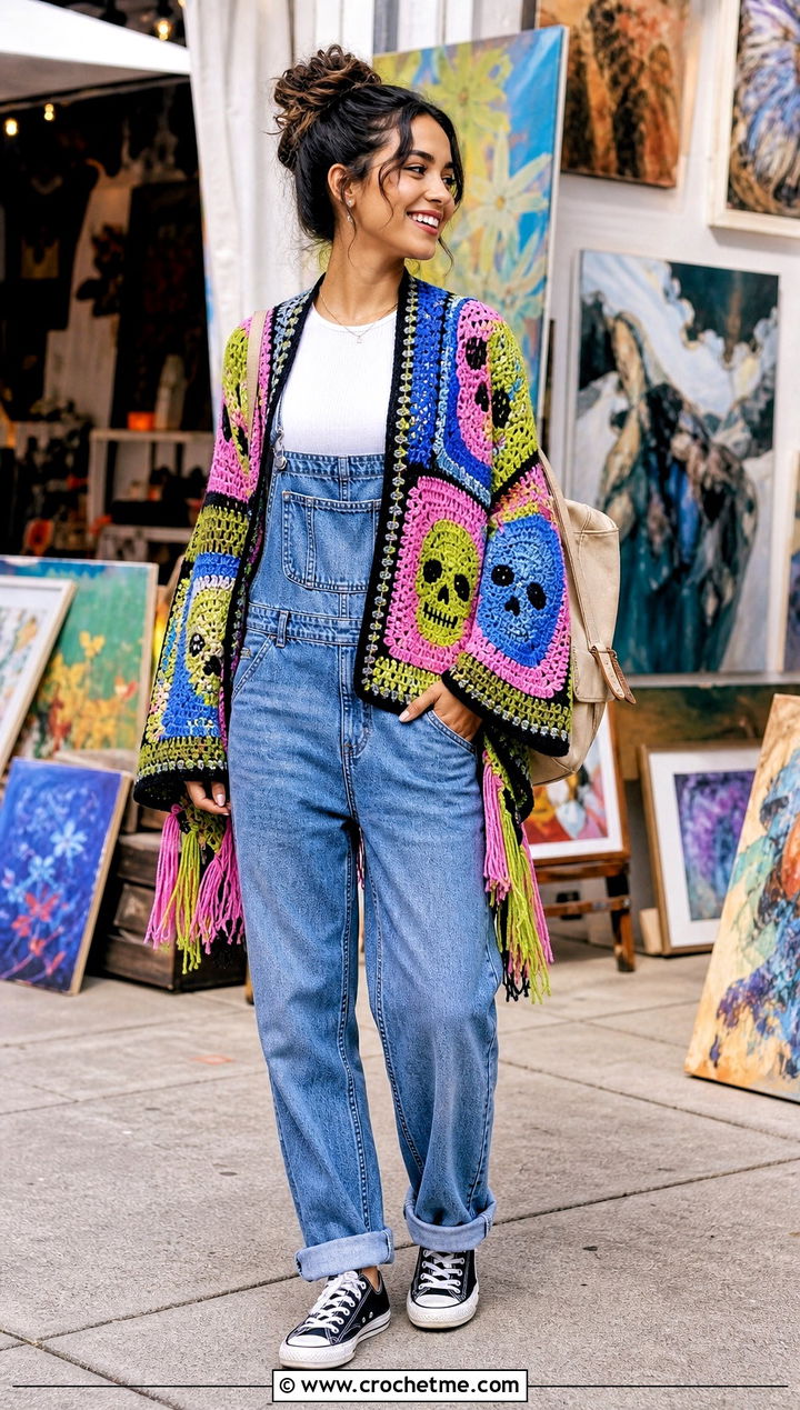 Patchwork Crochet Skull Shawl With Overalls - 35 crochet skull shawl outfit ideas