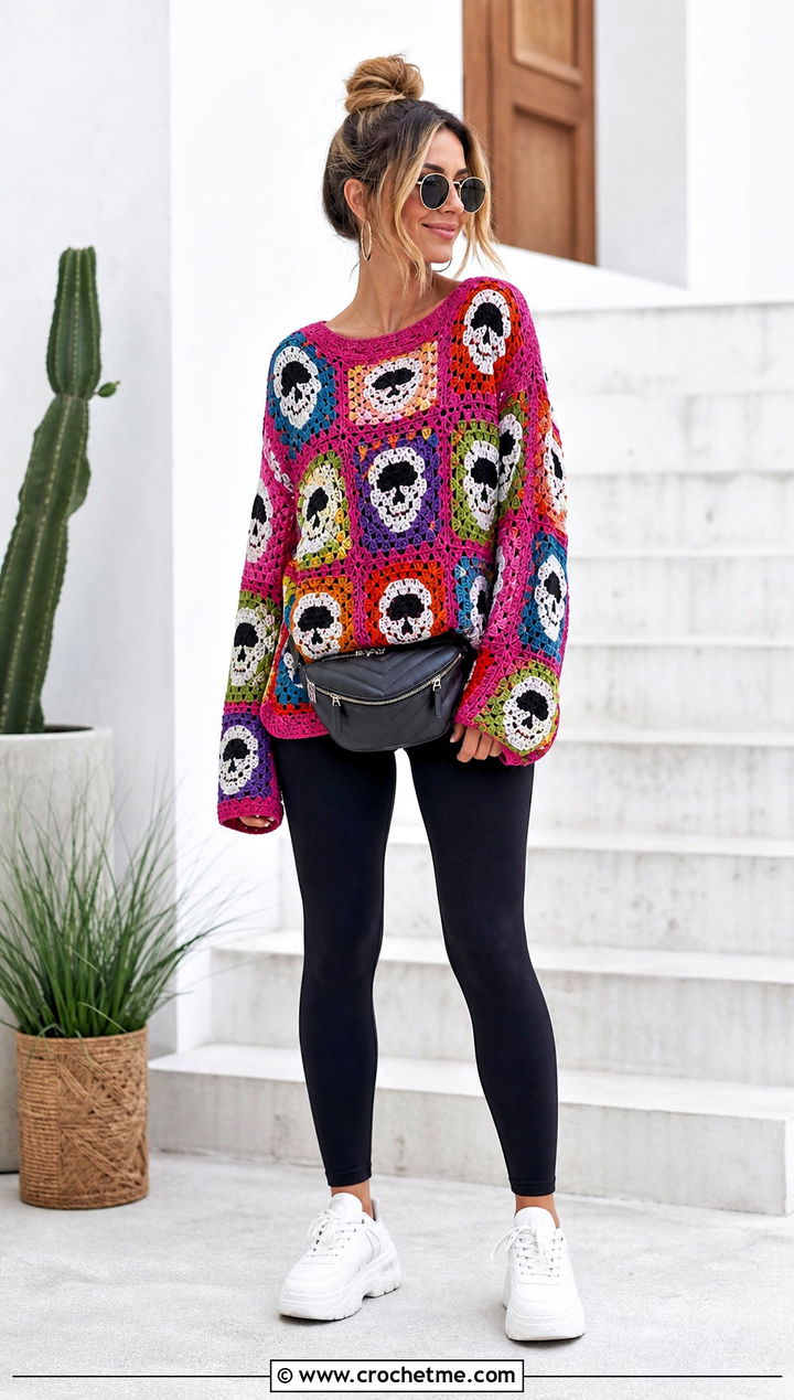 Patchwork Crochet Skull Sweater With Black Leggings - 35 crochet skull sweater outfit ideas