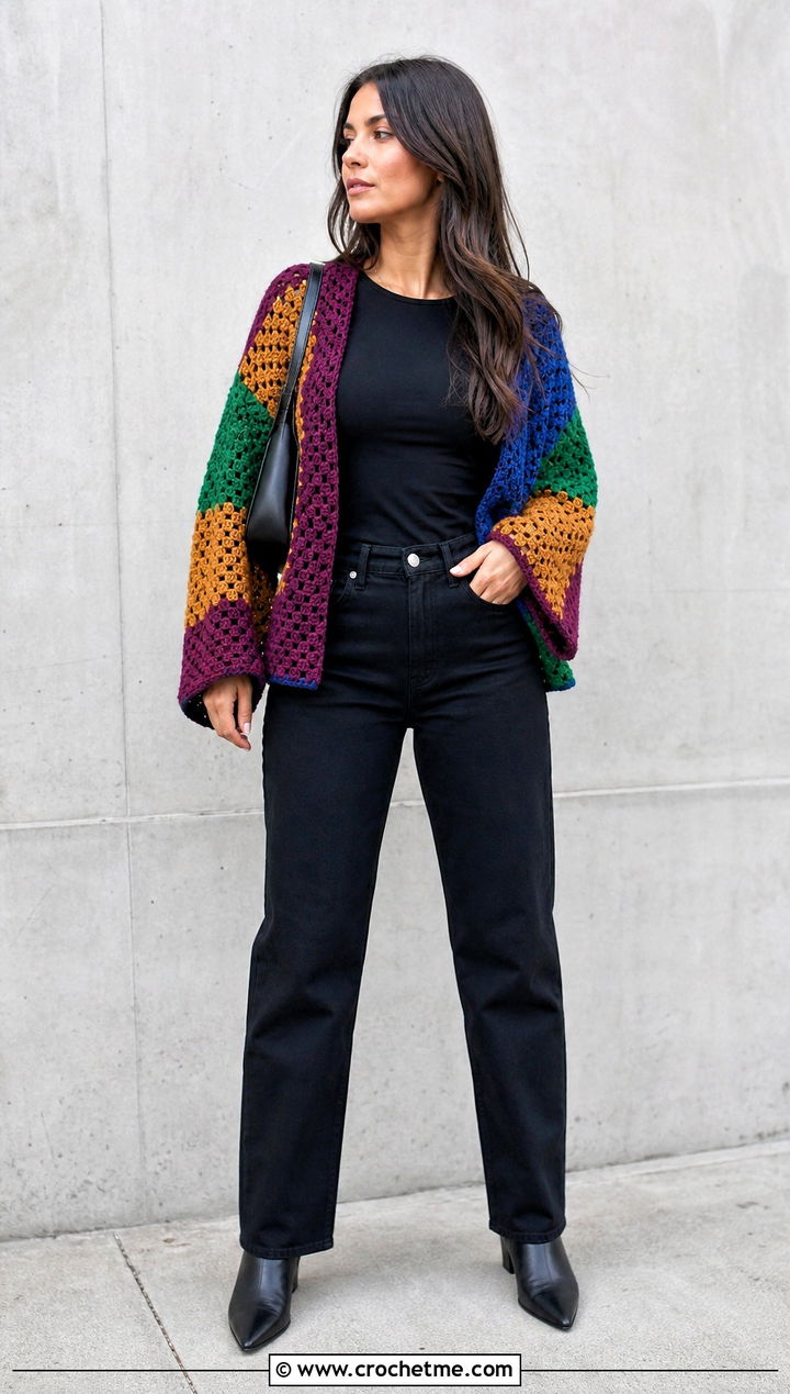 Patchwork Crochet Sleeve Wrap With Black Denim - 35 crochet wrap with sleeves outfit ideas