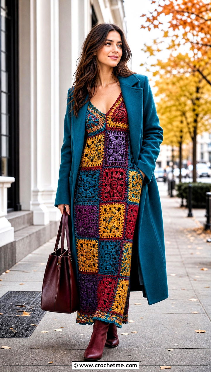 Patchwork Crochet Slip Dress With Long Wool Coat - 25 crochet slip dress outfit ideas