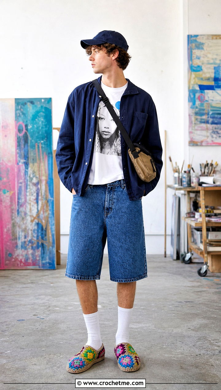 Patchwork Crochet Slippers With Graphic Tee and Jorts - 35 mens crochet slippers outfit ideas