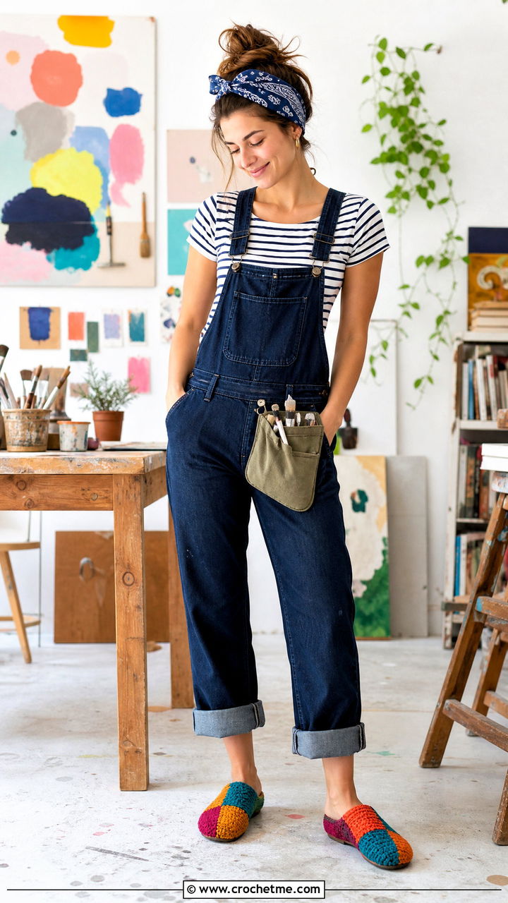 Patchwork Crochet Slippers With Overalls - 35 crochet slippers outfit ideas
