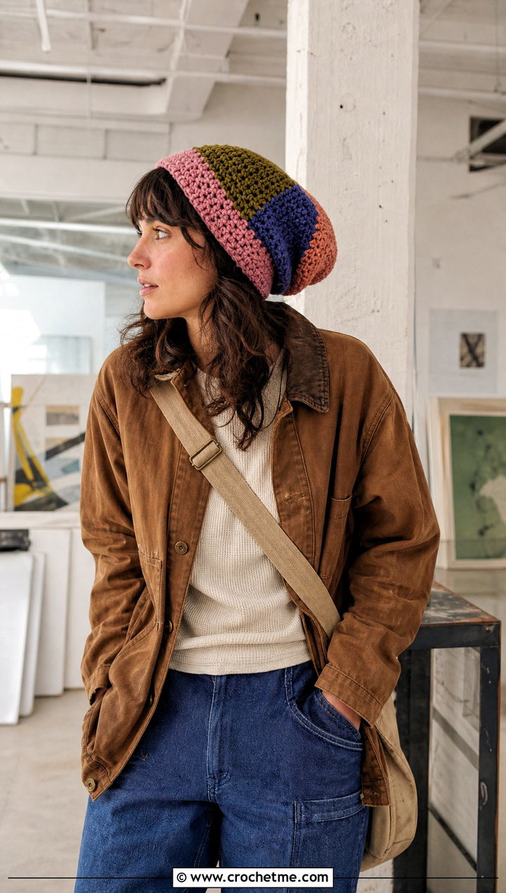 Patchwork Crochet Slouch Beanie With Chore Jacket - 35 crochet slouch beanie outfit ideas