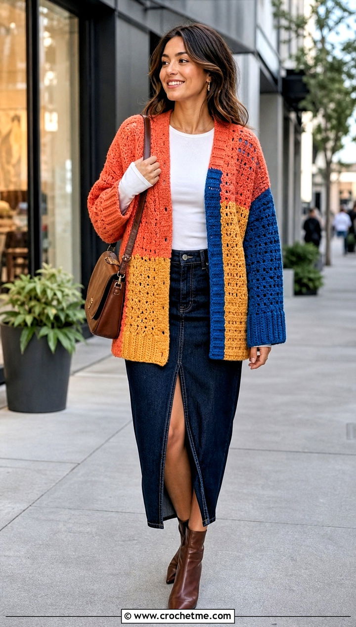 Patchwork Crochet Slouchy Cardigan With Denim Midi Skirt - 20 Crochet Slouchy Cardigan outfit ideas
