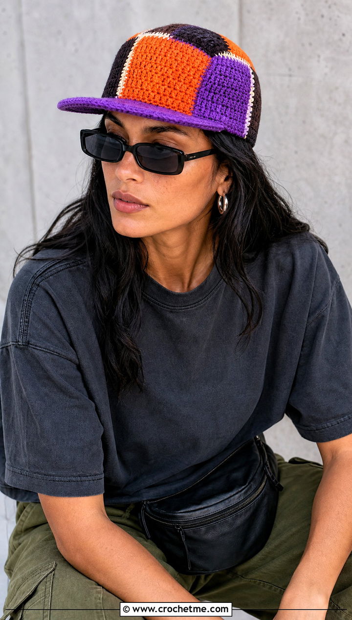 Patchwork Crochet Snapback With Cargo Pants - 15 crochet baseball cap for adults outfit ideas