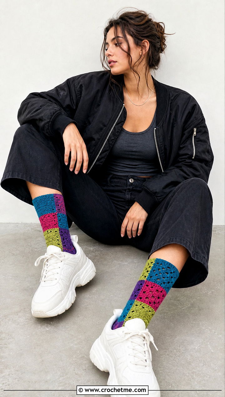 Patchwork Crochet Socks With Monochrome Streetwear - 25 Quick Crochet Socks outfit ideas