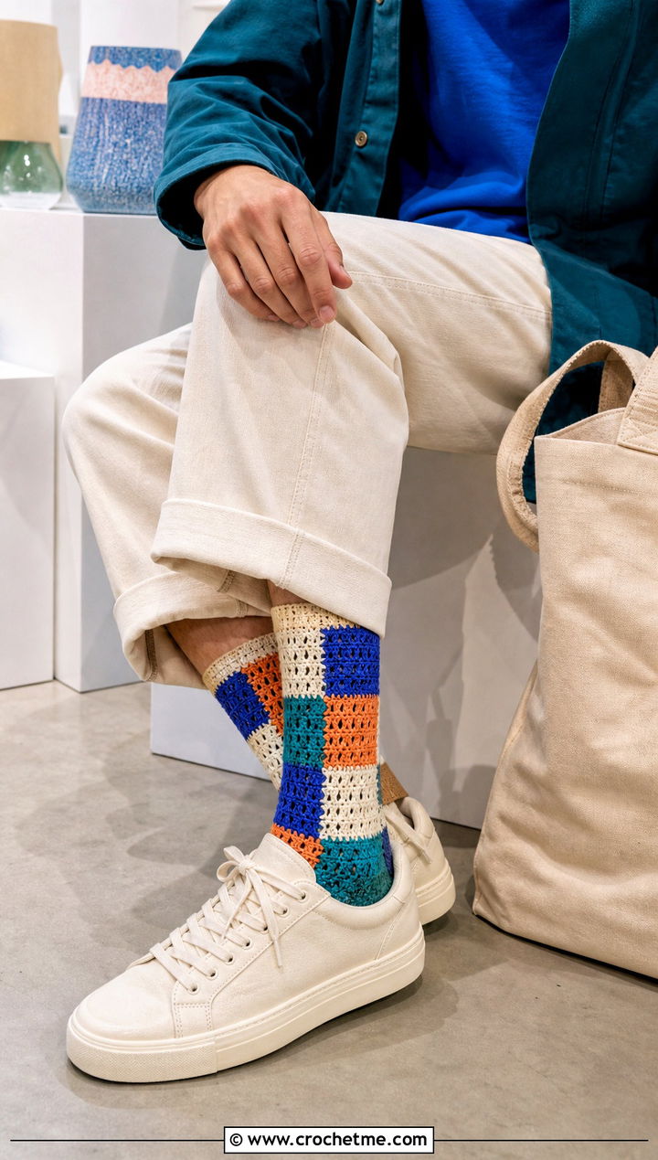 Patchwork Crochet Socks With Overshirt And Ecru Jeans - 25 men's crochet socks outfit ideas