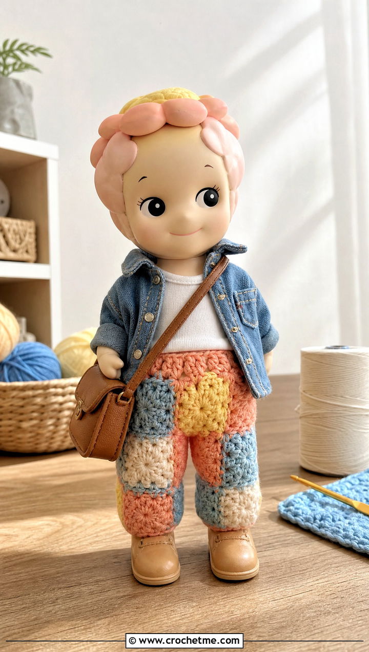 Patchwork Crochet Sonny Angel Pants With Denim Shirt - 20 Crochet Sonny Angel Pants outfit ideas