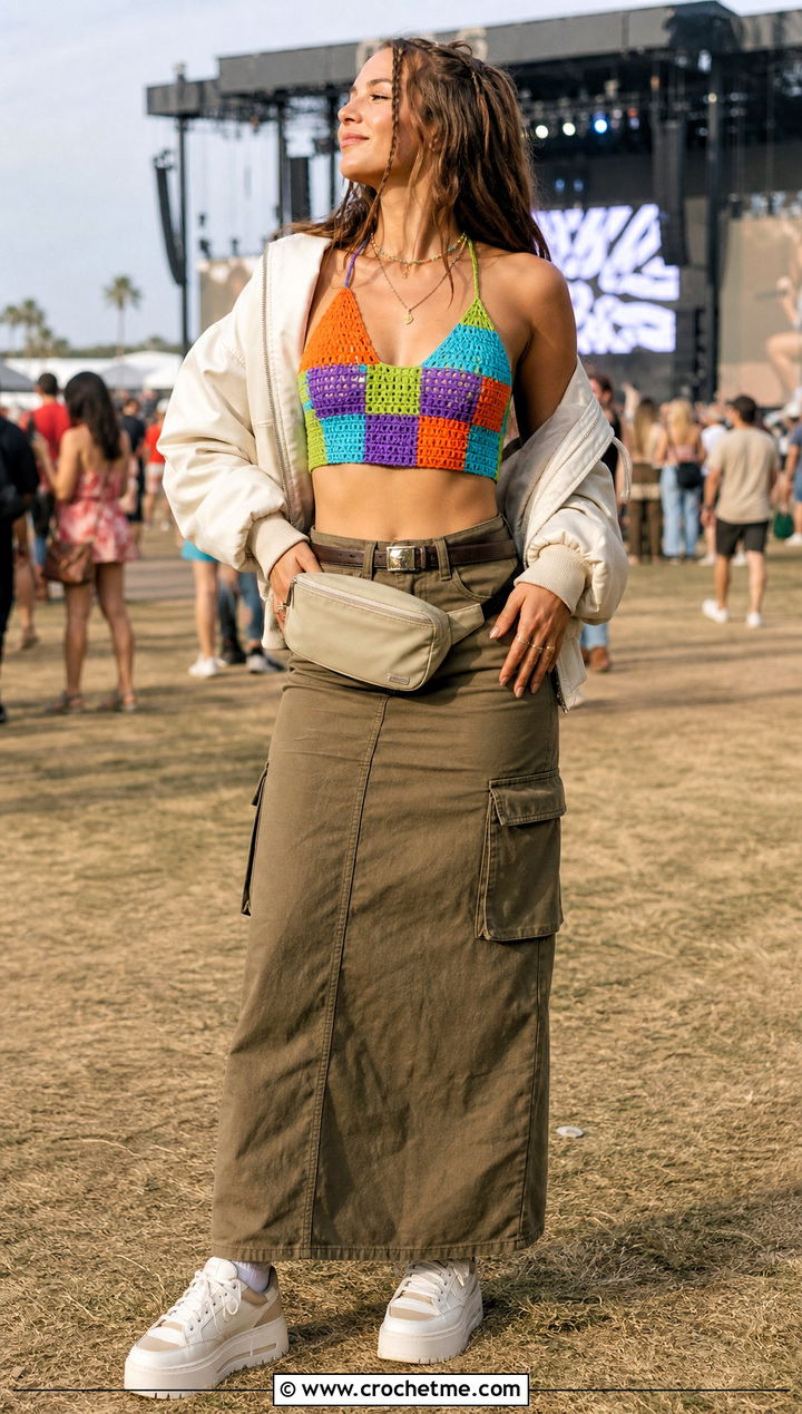 Patchwork Crochet Sports Bra With Cargo Maxi Skirt - 30 crochet sports bra outfit ideas