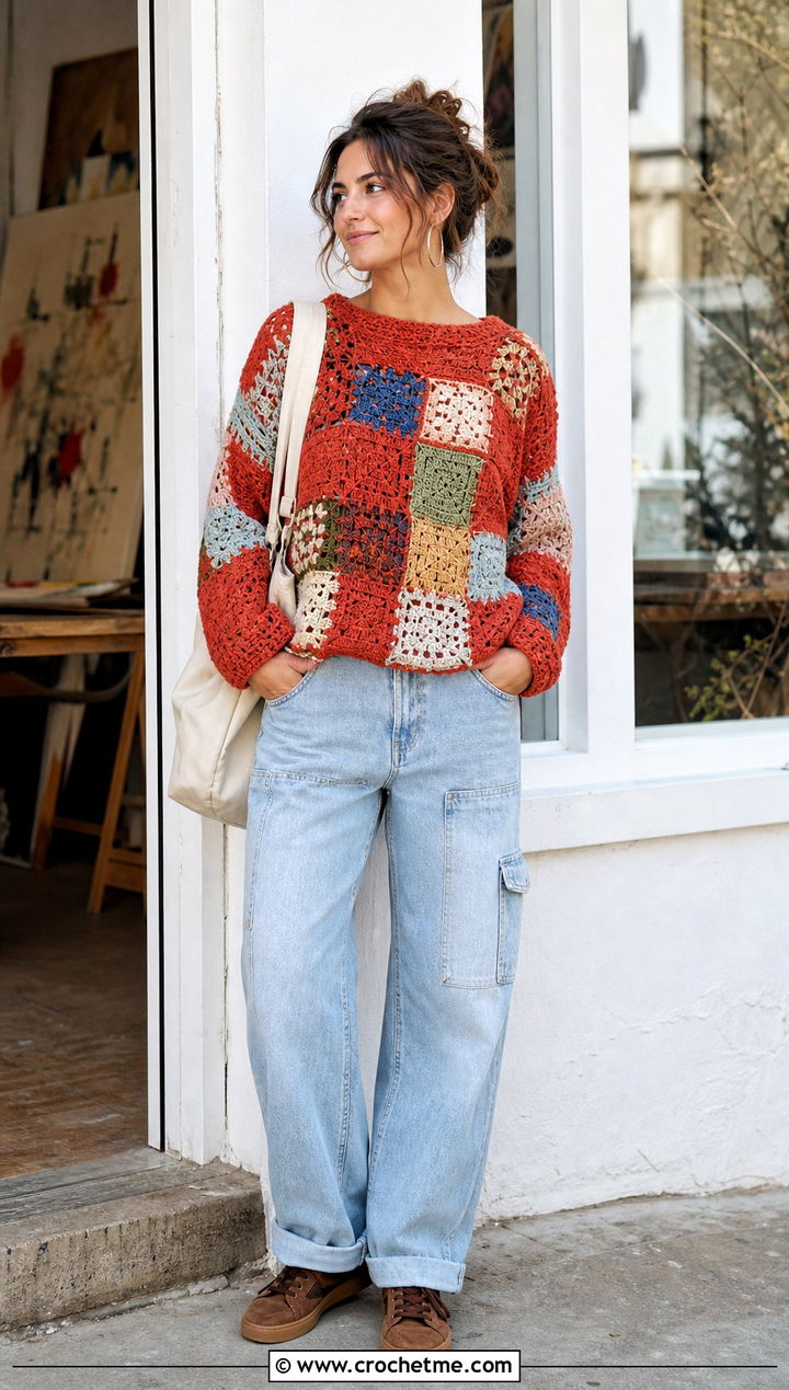 Patchwork Crochet Spring Sweater With Carpenter Jeans - 35 crochet spring sweater outfit ideas
