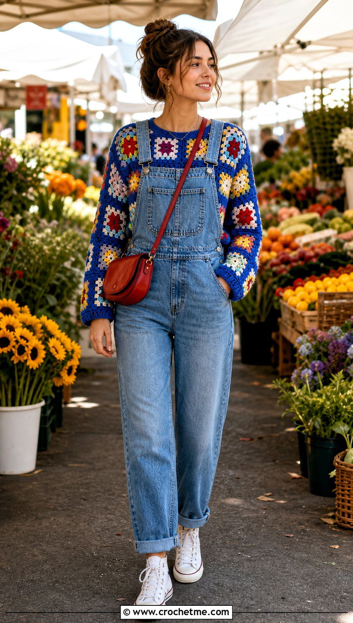 Patchwork Crochet Square Sweater With Denim Overalls - 35 Crochet Square Sweater outfit ideas