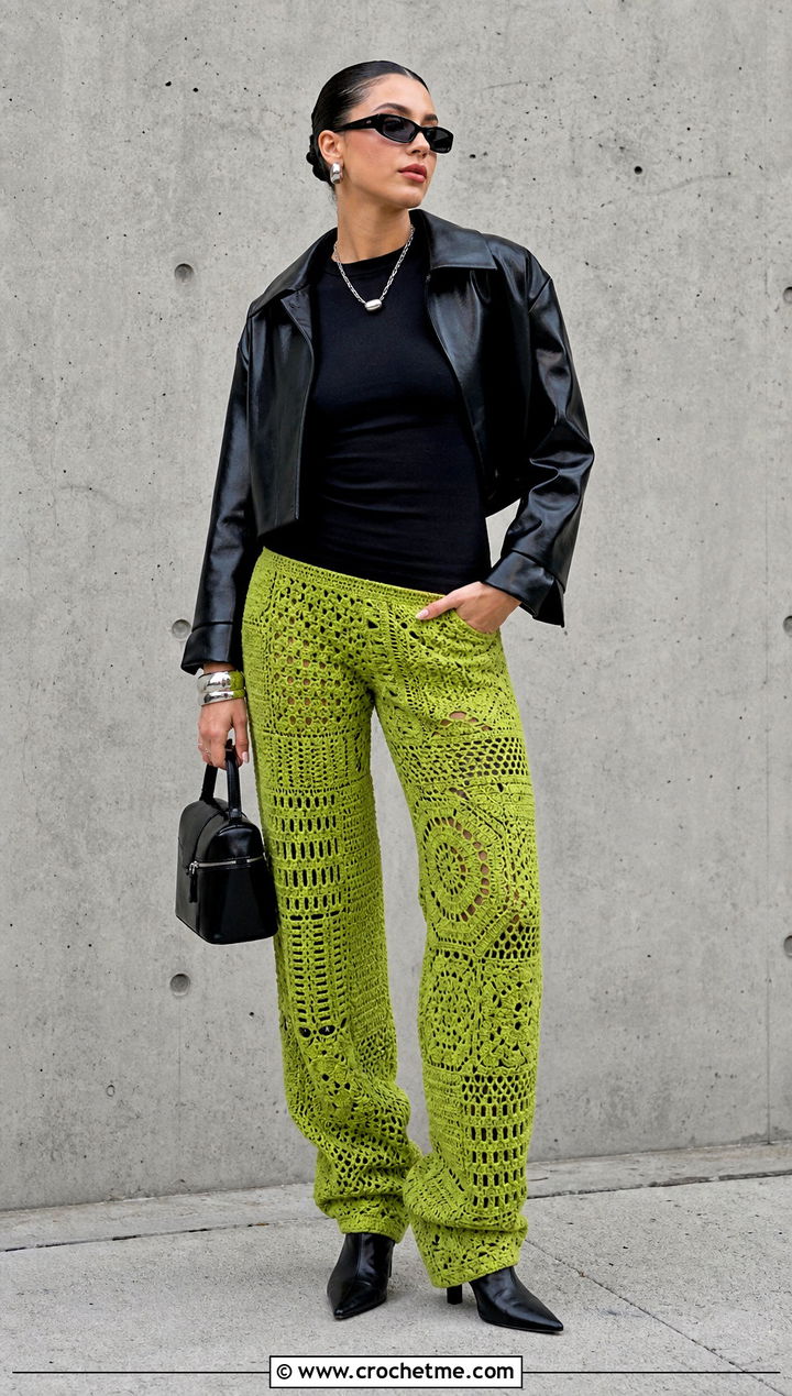 Patchwork Crochet Stacked Pants With Leather Jacket - 25 Crochet Stacked Pants outfit ideas