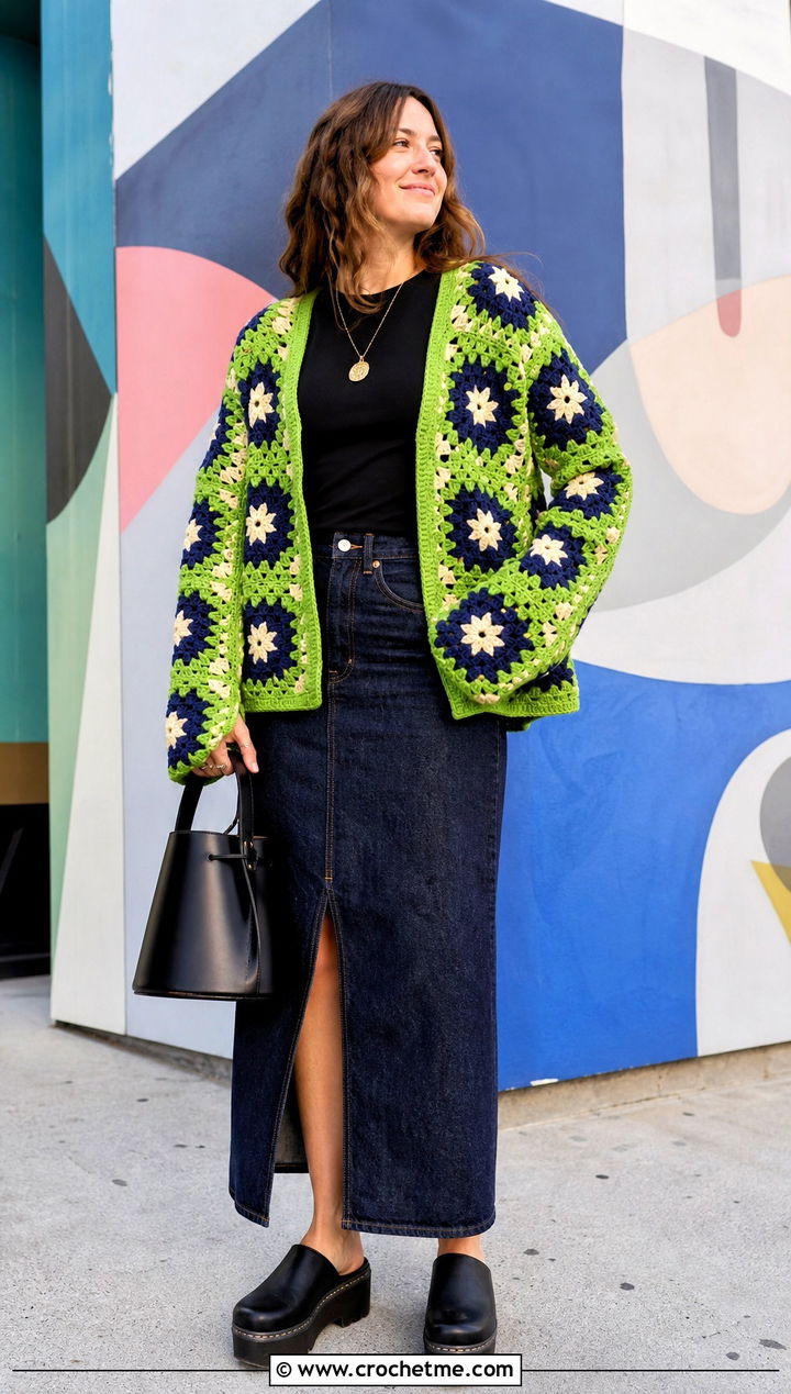 Patchwork Crochet Star Granny Square Cardigan With Denim Maxi Skirt - 25 Crochet Star Granny Square Cardigan outfit ideas