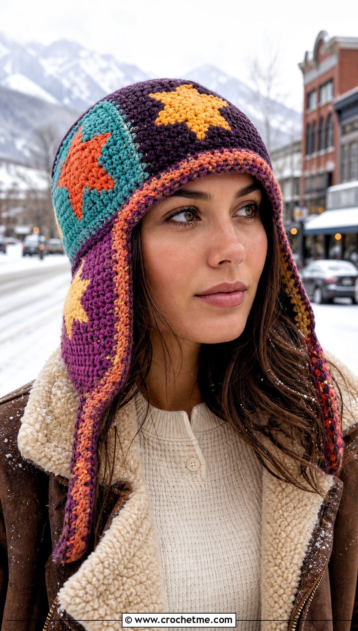 Patchwork Crochet Star Trapper Hat With Shearling Jacket - 25 crochet star hat outfit ideas