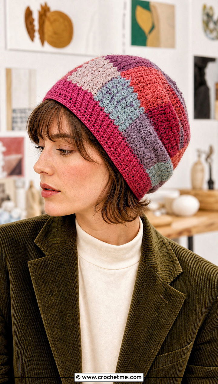 Patchwork Crochet Stocking Cap With Corduroy Suit - 30 crochet stocking cap outfit ideas