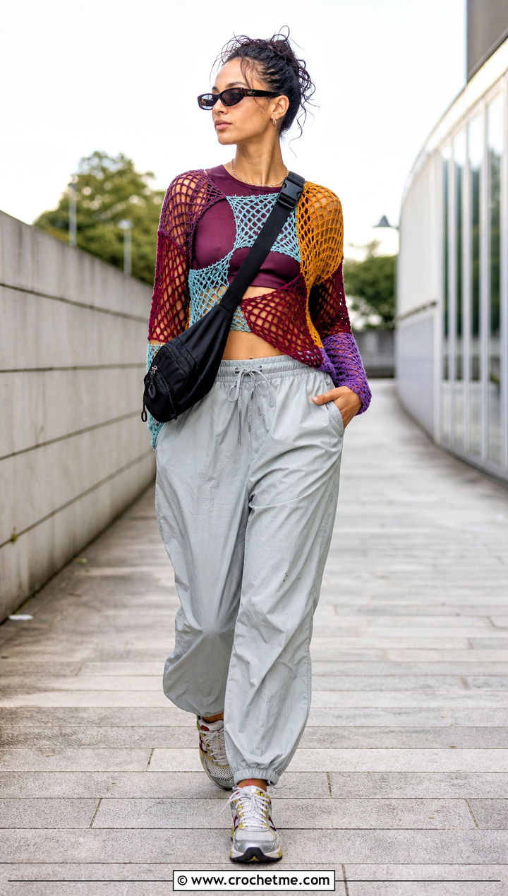 Patchwork Crochet Subversive Top With Parachute Pants - 15 Crochet Subversive Top outfit ideas