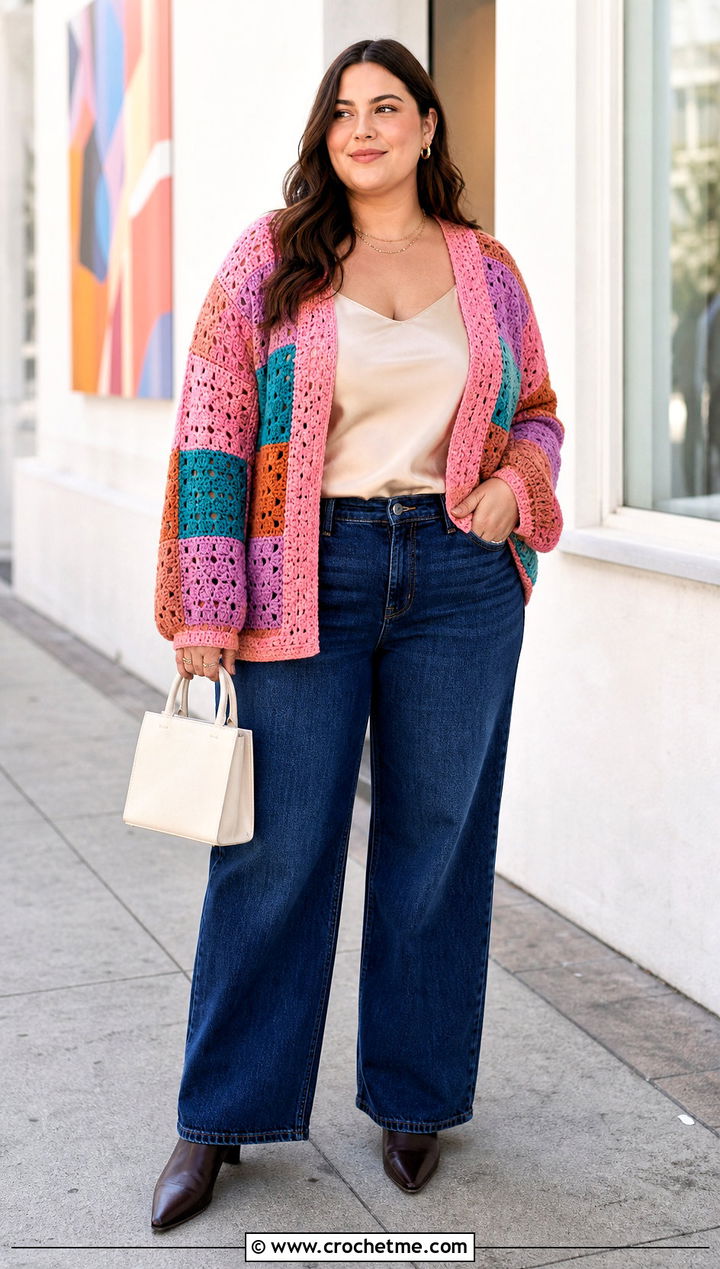 Patchwork Crochet Summer Cardigan With Satin Camisole - 30 plus size crochet summer cardigan outfit ideas