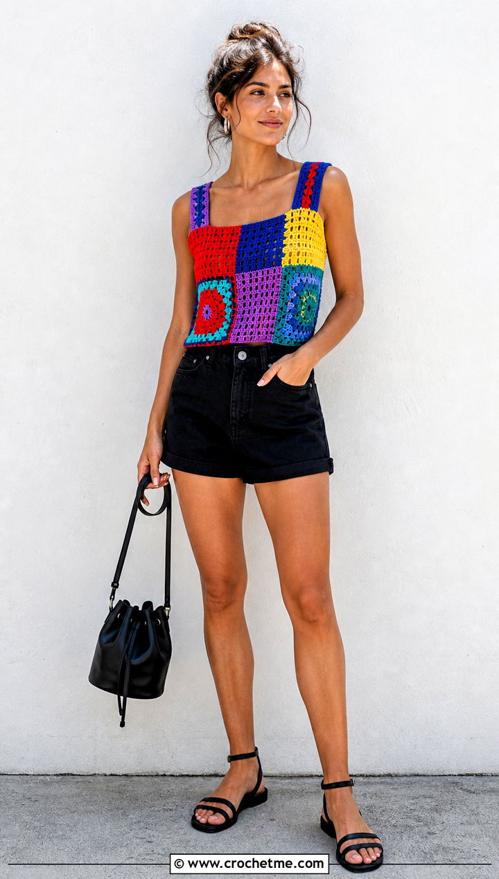 Patchwork Crochet Summer Jumper With Black Denim Shorts - 20 Crochet Summer Jumper outfit ideas