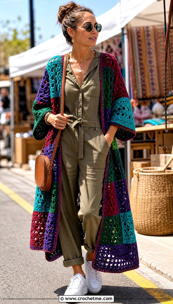 Patchwork Crochet Summer Kimono With Utility Jumpsuit - 30 crochet summer kimono outfit ideas