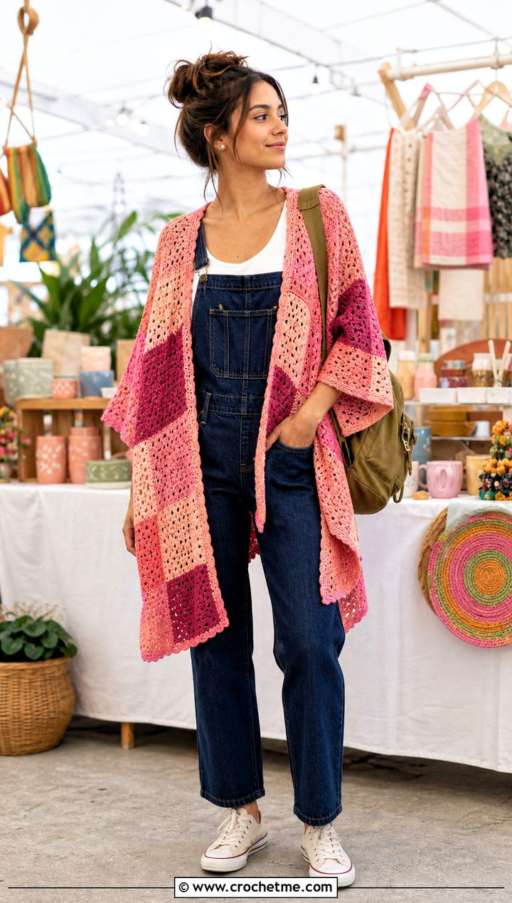Patchwork Crochet Summer Poncho With Denim Overalls - 35 crochet summer poncho outfit ideas