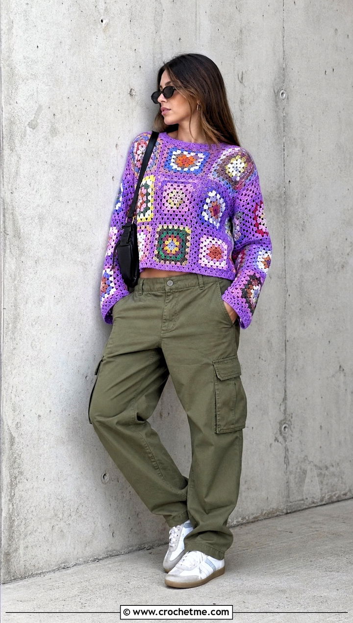 Patchwork Crochet Summer Pullover With Cargo Pants - 25 crochet summer pullover outfit ideas