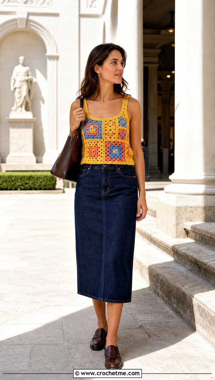 Patchwork Crochet Summer Tank Top With Dark Denim Skirt - 35 crochet summer tank top outfit ideas