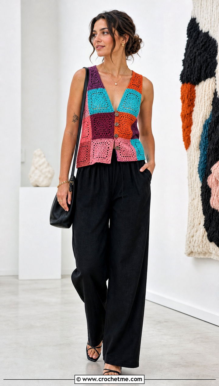 Patchwork Crochet Summer Vest With Black Linen Pants - 35 Crochet Summer Vest outfit ideas
