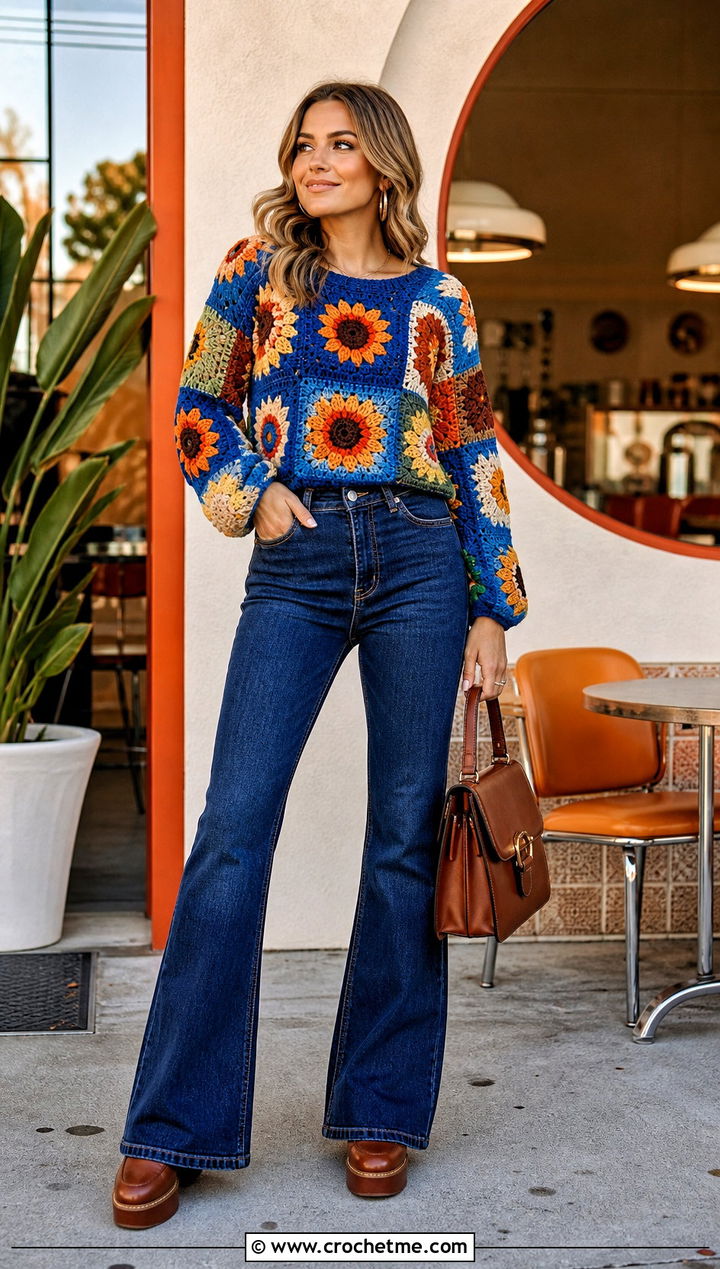 Patchwork Crochet Sunflower Sweater With Flared Jeans - 35 crochet sunflower sweater outfit ideas